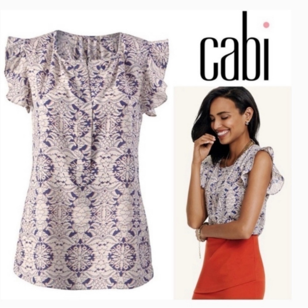 CAbi Stevie Flutter Ruffle Blouse Top EUC Medium Style 3074 Blue Purple Cream